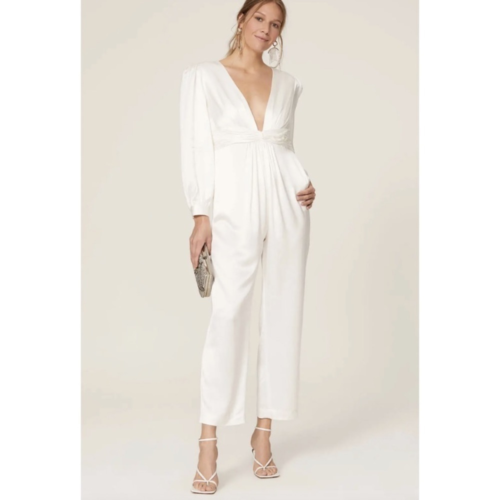 Mac Duggal Long Sleeve Ruched Plunging Neck White Satin Jumpsuit